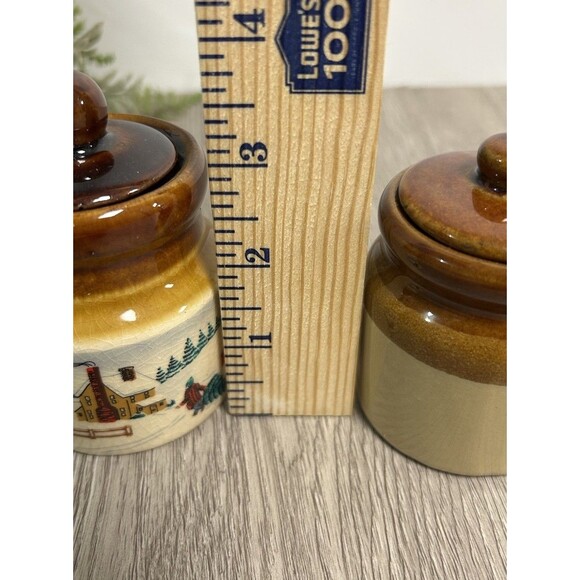 Set Of 2 Vintage Miniature Crock Jars 3” Christmas Winter Scene & Plain Brown - Picture 10 of 10